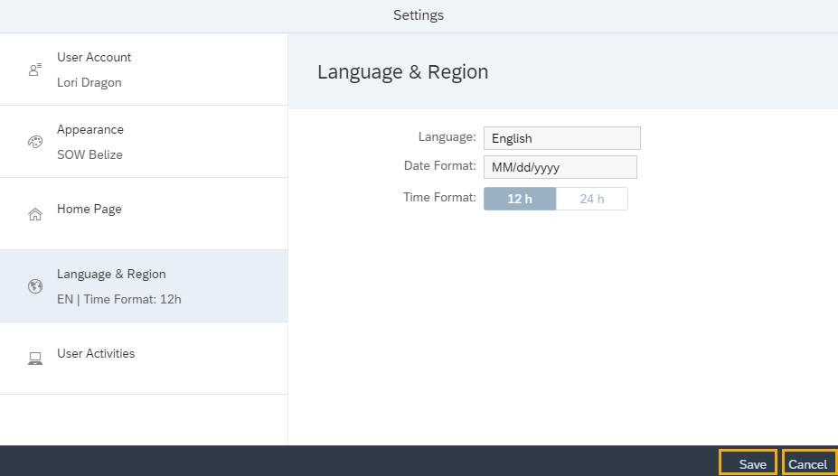 Language & Region screen with Save and Cancel buttons highlighted