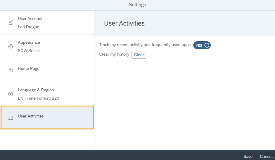 Settings screen with User Activities tab highlighted