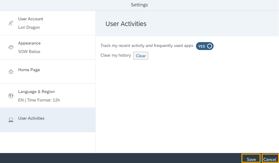 User Activities screen with Save and Cancel buttons highlighted
