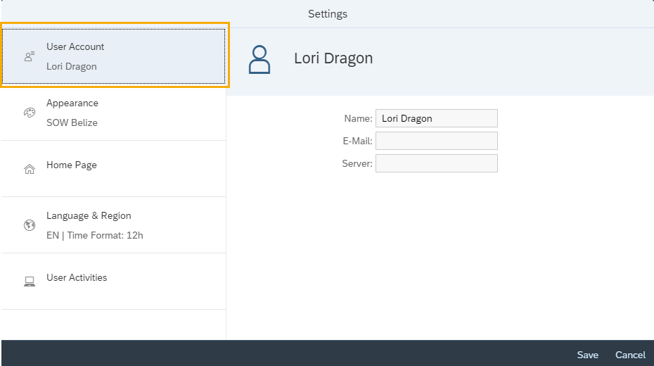 Setting screen with User account tab highlighted