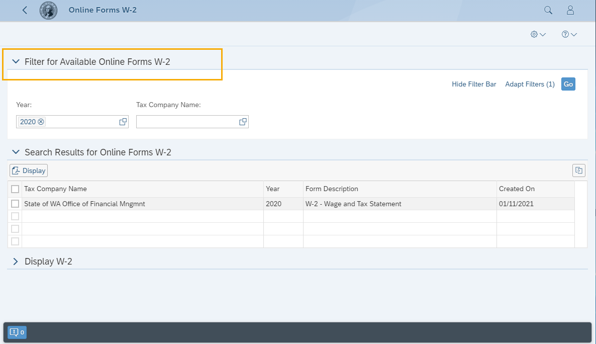 Screen shot of Online Forms W-2 with Filter for Available Online Forms W-2 highlighted