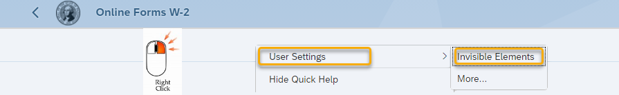 Screen shot of Online Forms W-2 with User Settings and Invisible Elements menu items highlighted
