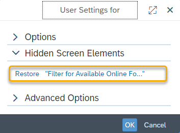 Screen shot of Hidden Screen Elements drop down with "Restore Filter for Available Online Form" highlighted