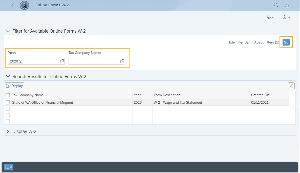 Screen shot of Online Forms W-2 with Year, Tax Company Name fields and Go button highlighted