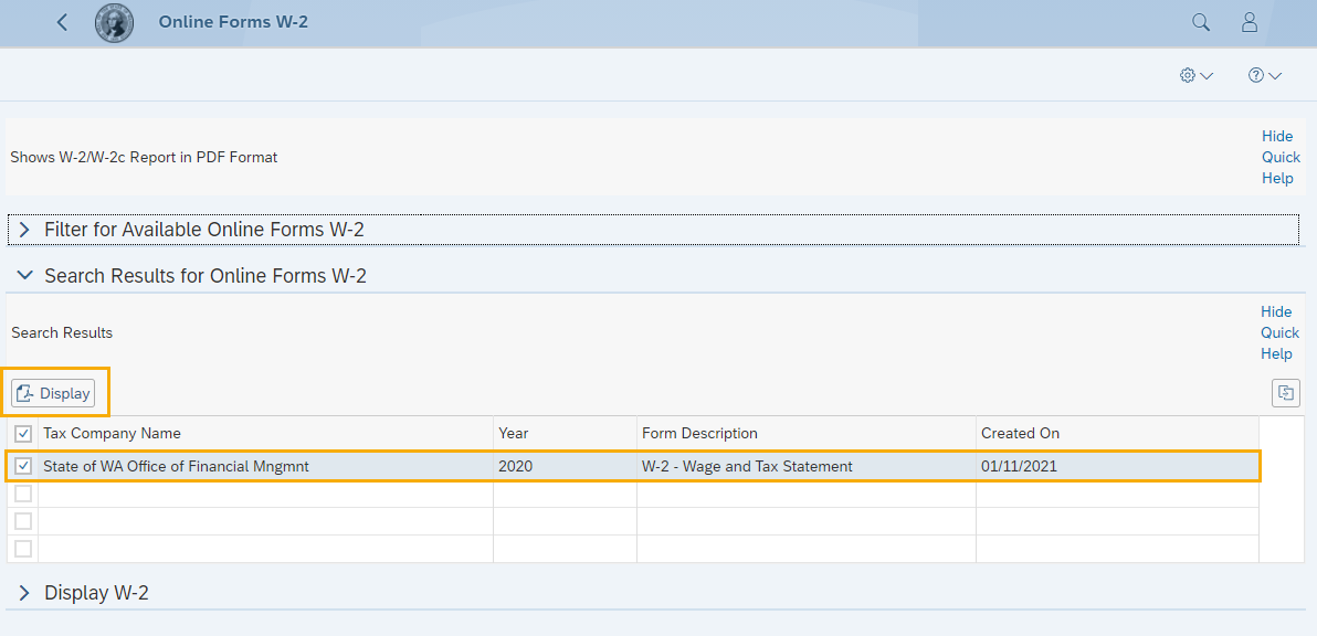 screen shot of Online Forms W-2 with selected record and Display button highlighted