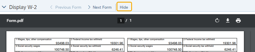 Screen shot of Display W-2 page with Hide button highlighted