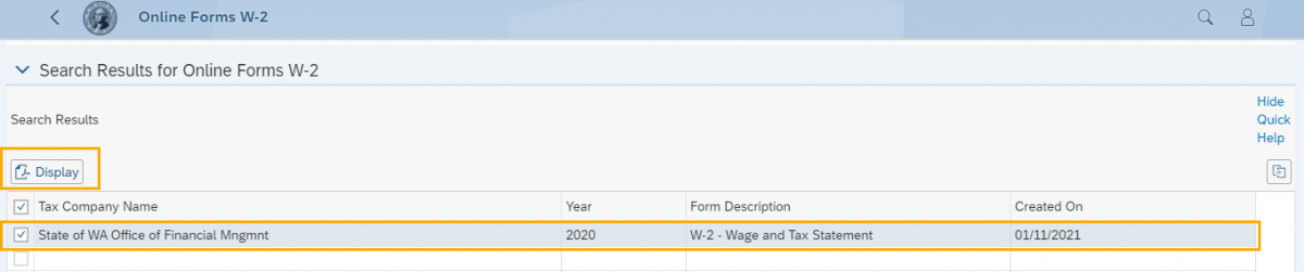 Screen shot of Search results for Online Forms W-2 page with selected record and display button highlighted