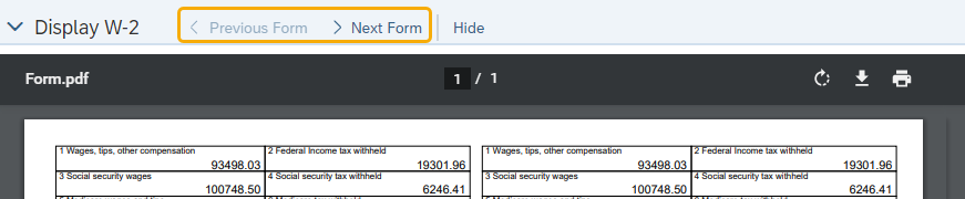 Screen shot of Display W-2 page with Previous and Next button higlighted