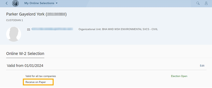 My Online Selections user's status with Receive on Paper option highlighted
