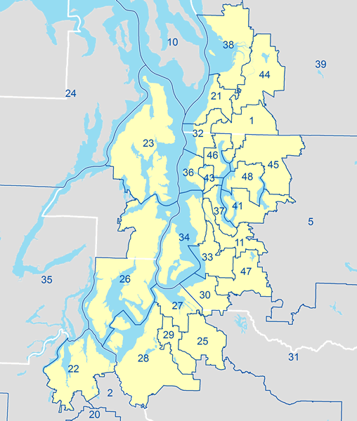 Map of the legislative districts in the Puget Sound area.
