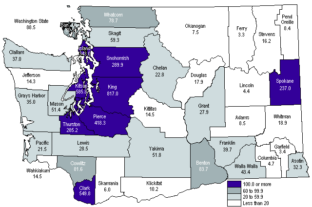 Population Density, Washington Counties, 2000