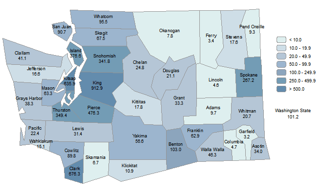 Population Density, Washington Counties, 2010