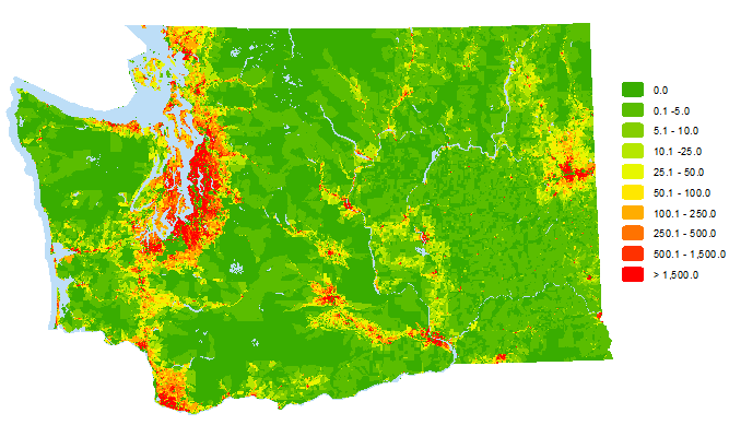 Population Density by Census Block, Washington Counties, 2010