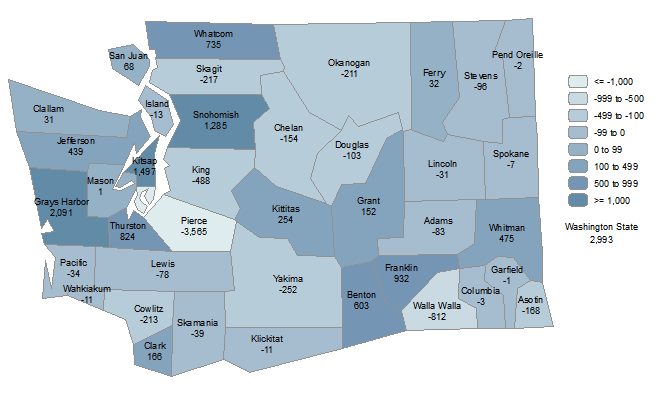 Group Quarters Population Change by County for 2000 to 2010 for Washington Counties