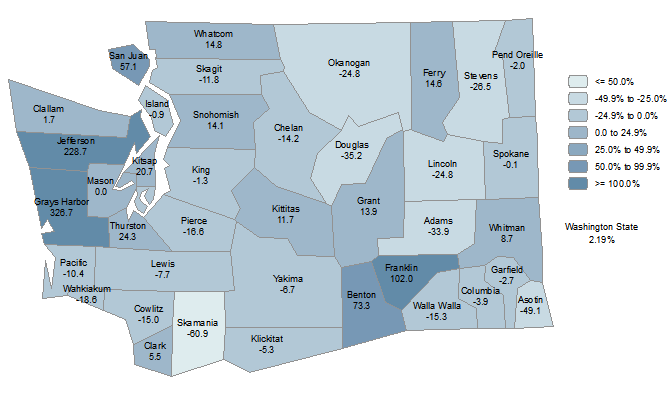 Percent Change in Group Quarters Population by County for 2000 to 2010 for Washington Counties