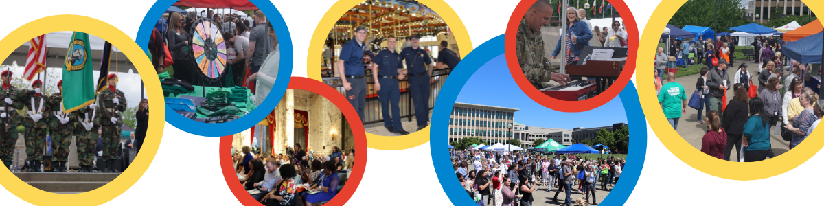 Collage of photos of past PSRW events. Crowds of people, vendor booths, people in uniform with state and US flags, musicians, blue skies, big smiles.
