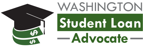 Washington Student Loan Advocate logo with black graduation cap and green bands with dollar signs.