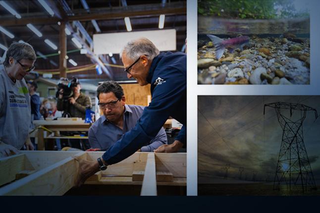Composite image of budget focus items: Gov. Inslee and two other people working in a building fabrication facility, a salmon swimming underwater, and a transmission line