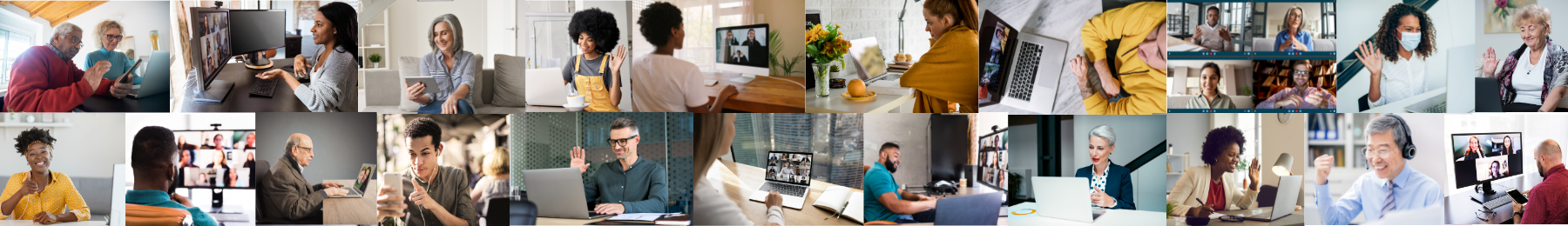 Composite image of a diverse range of people participating in digital/online meetings