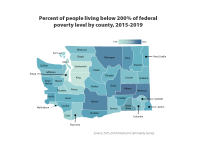 Map of Washington showing varying levels of poverty by county. Higher levels of poverty in parts of Eastern Washington, with the lowest levels in King and Snohomish Counties