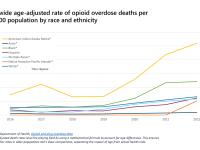 Line chart displaying opioid overdose-related death rates per 100,000 population among various racial and ethnic groups from 2016 to 2022. The lines indicate that the American Indian Alaska Native group consistently had the highest rates, followed by the 