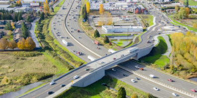 SR 99 roundabout and Wapato Way East Bridge Aerial view of an overpass and a highway