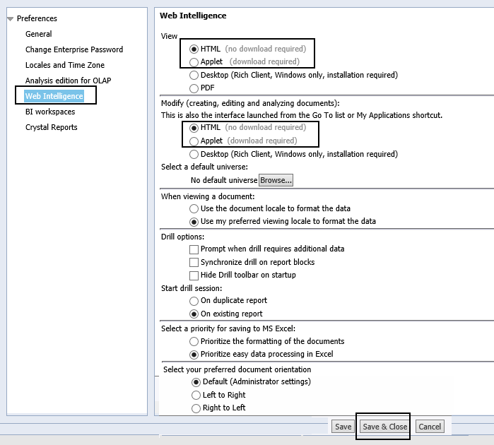 Set Preferences Web Intelligence graphic Set Preferences Web Intelligence graphic