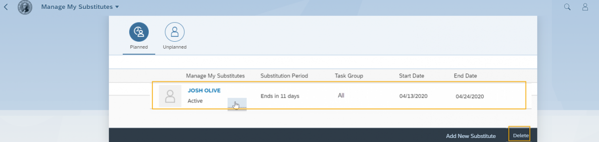 Manage My Substitutes window window with substitute name highlighted