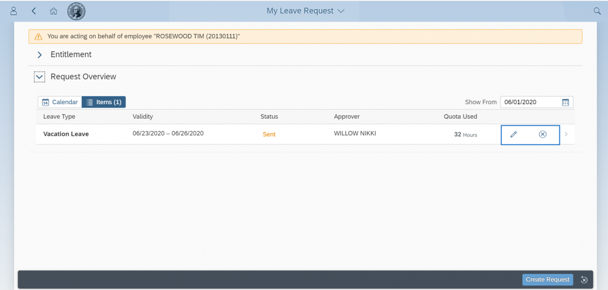 My Leave Request window with message about acting on behalf of employee