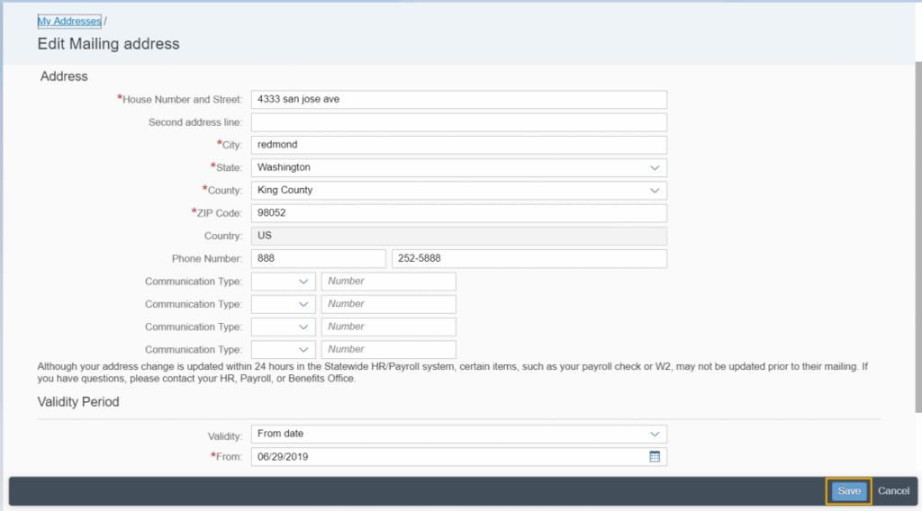 Edit mailing address page displayed with address form being filled out