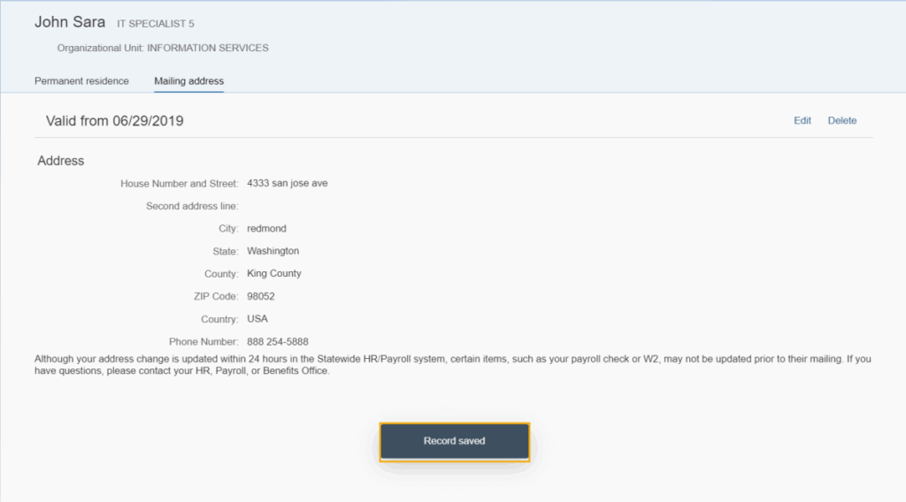 Mailing address page displayed with address form filled out and record saved button highlighted below