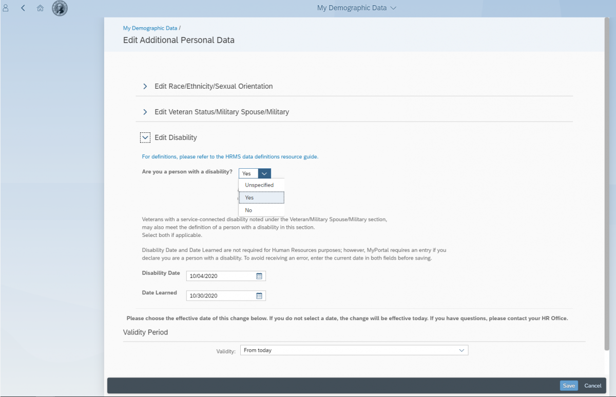 Edit Additional Demographic Data screen with Edit Disability section expanded