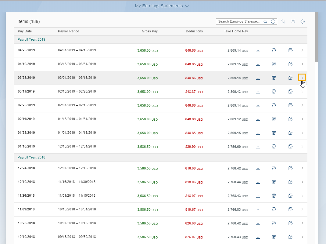 Earnings statements page is displayed with Arrow icon highlighted.