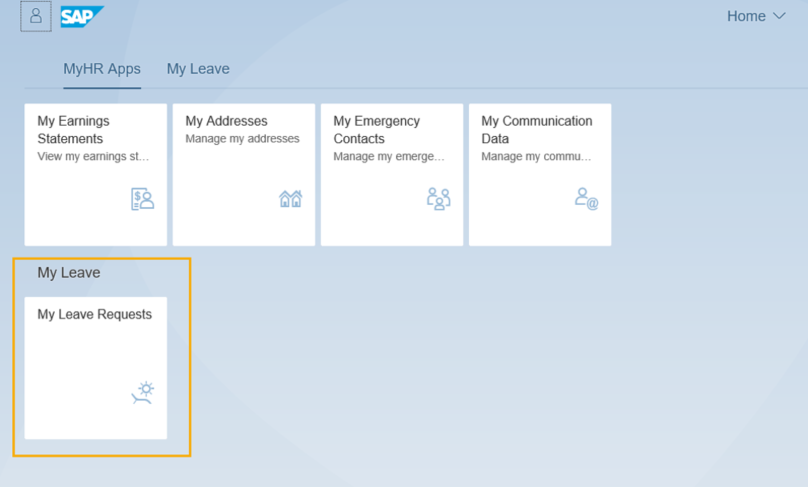 home screen is displayed with the My Leave Requests tile selected.