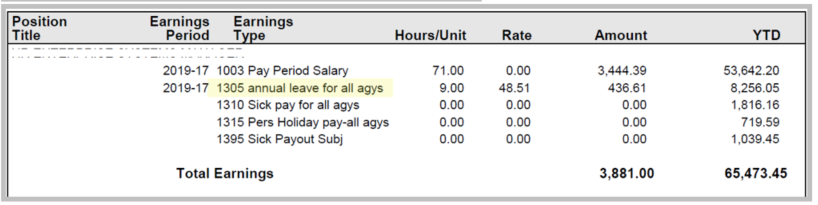 Earning statement window open with annual leave for all agencies highlighted.