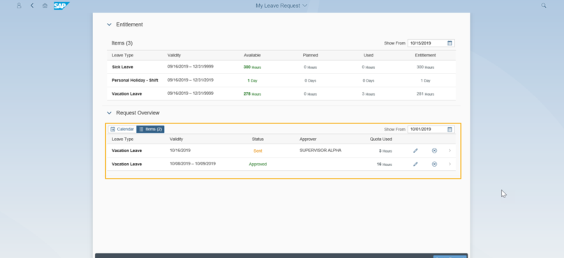 My Leave Requests page is displayed with the Request Overview section is expanded and highlighted.