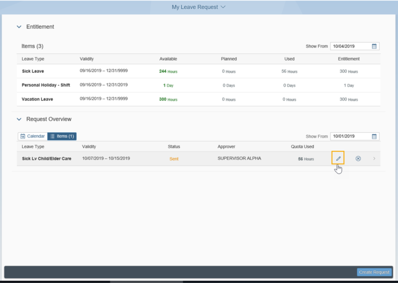 My leave request window opened with Request Overview section expanded and Edit icon highlighted