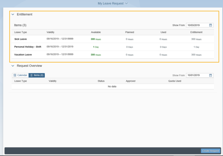 My Leave Requests page is displayed with the Entitlement section is expanded and highlighted.