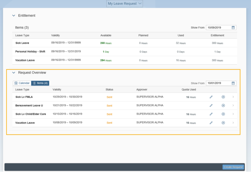 My Leave Requests page is displayed with the Request Overview section is expanded and highlighted.