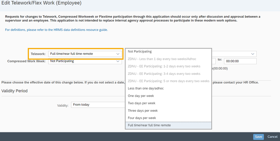 Edit modern work environment page with telework section selected and dropdown list values not participating, ZDNU's (do not use), less than one day/adhoc, one day per week, two days per week, three days per week, four days per week, full time/near full time remote