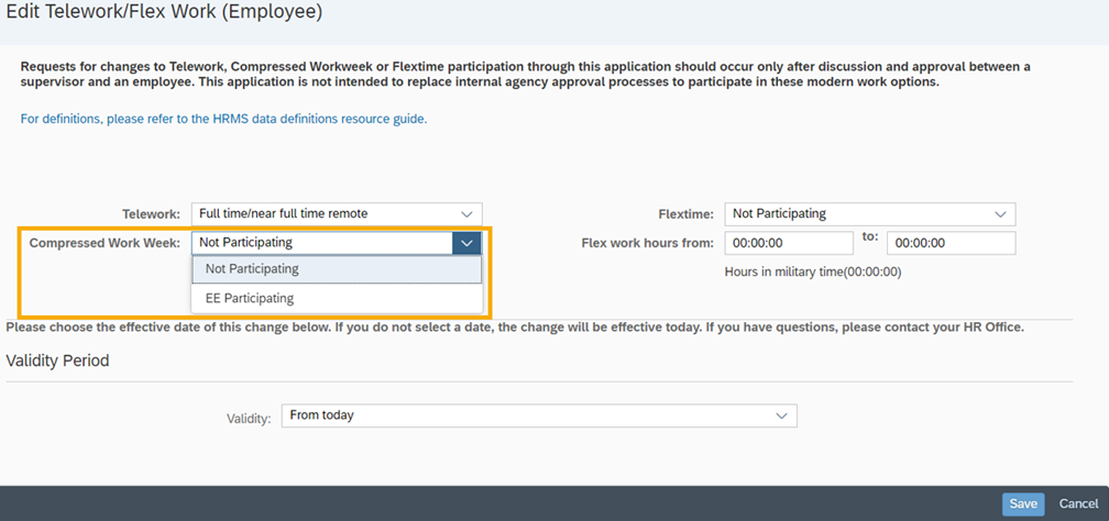 Edit modern work environment data page with section to edit telework (select schedule), compressed work week (select option), flextime (select option), flex work hours from/to (input hours in military time)