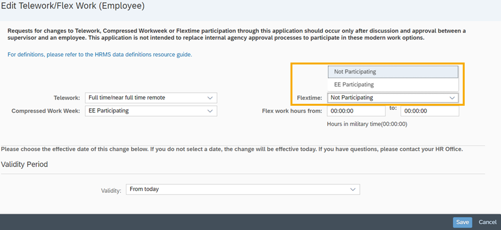 Edit modern work environment data page with section to edit telework (select schedule), compressed work week (select option), flextime (select option), flex work hours from/to (input hours in military time)