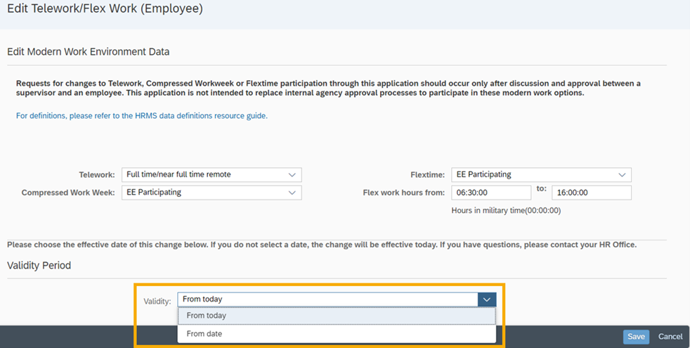 Edit modern work environment data page with validity period in lower section to select from today or from date