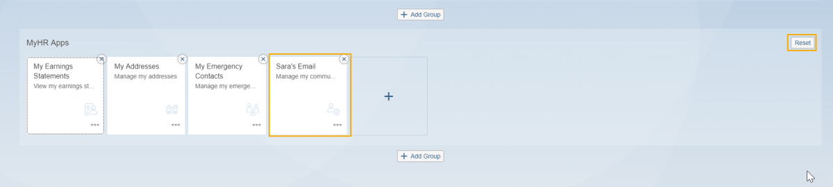 Home page with new tile and reset button highlighted